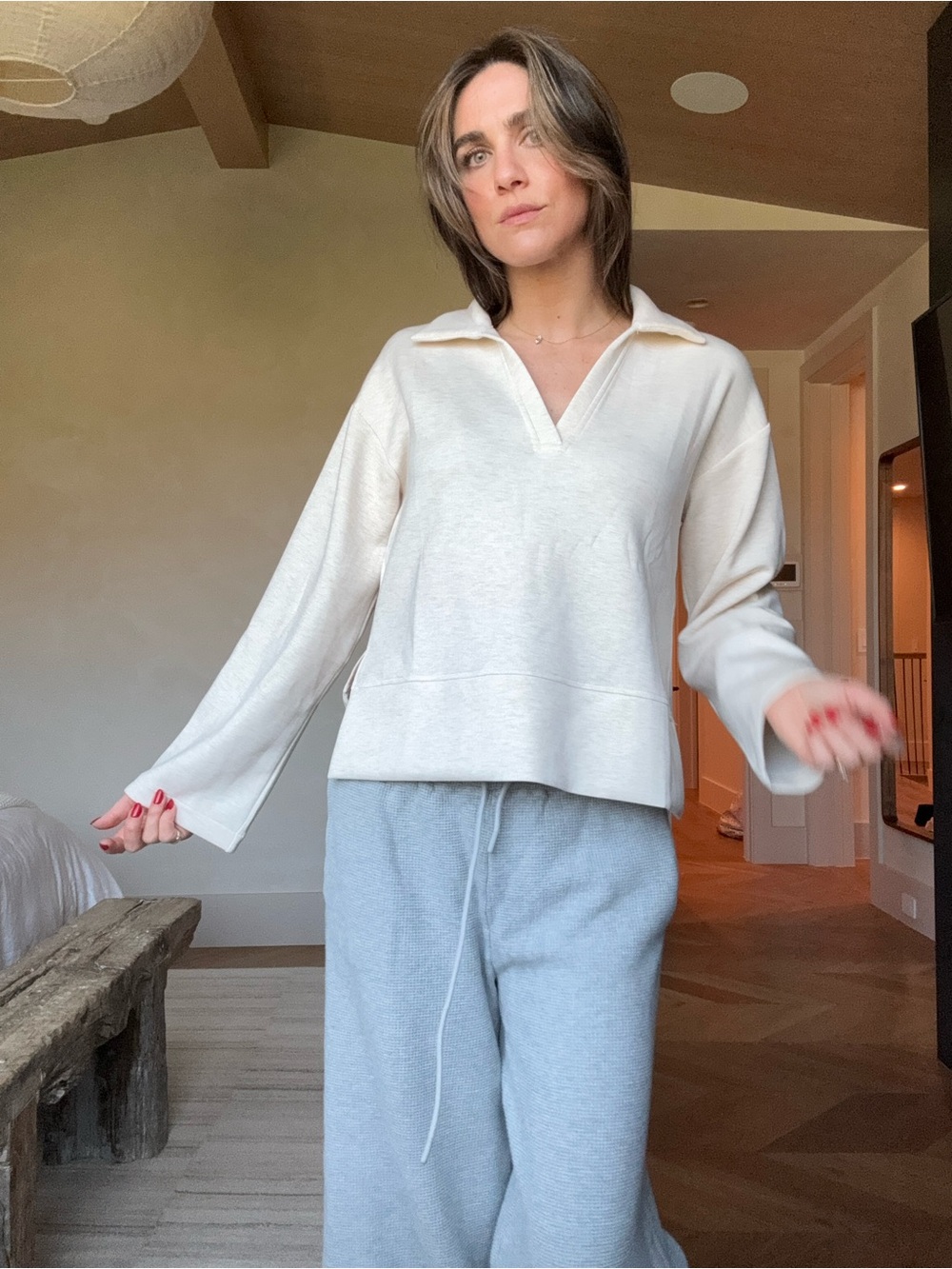 SPANX Cream V-Neck Collared Pullover